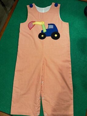 Vintage-Style Boys Orange Gingham Longall Romper with Excavator Appliqué